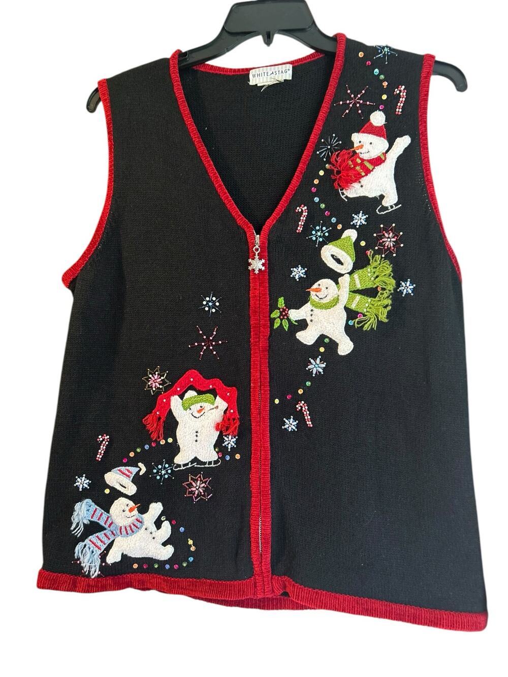 White Stag Holiday Knit Vest Snowmen Frolicking Sequins Beads Embroidered Black